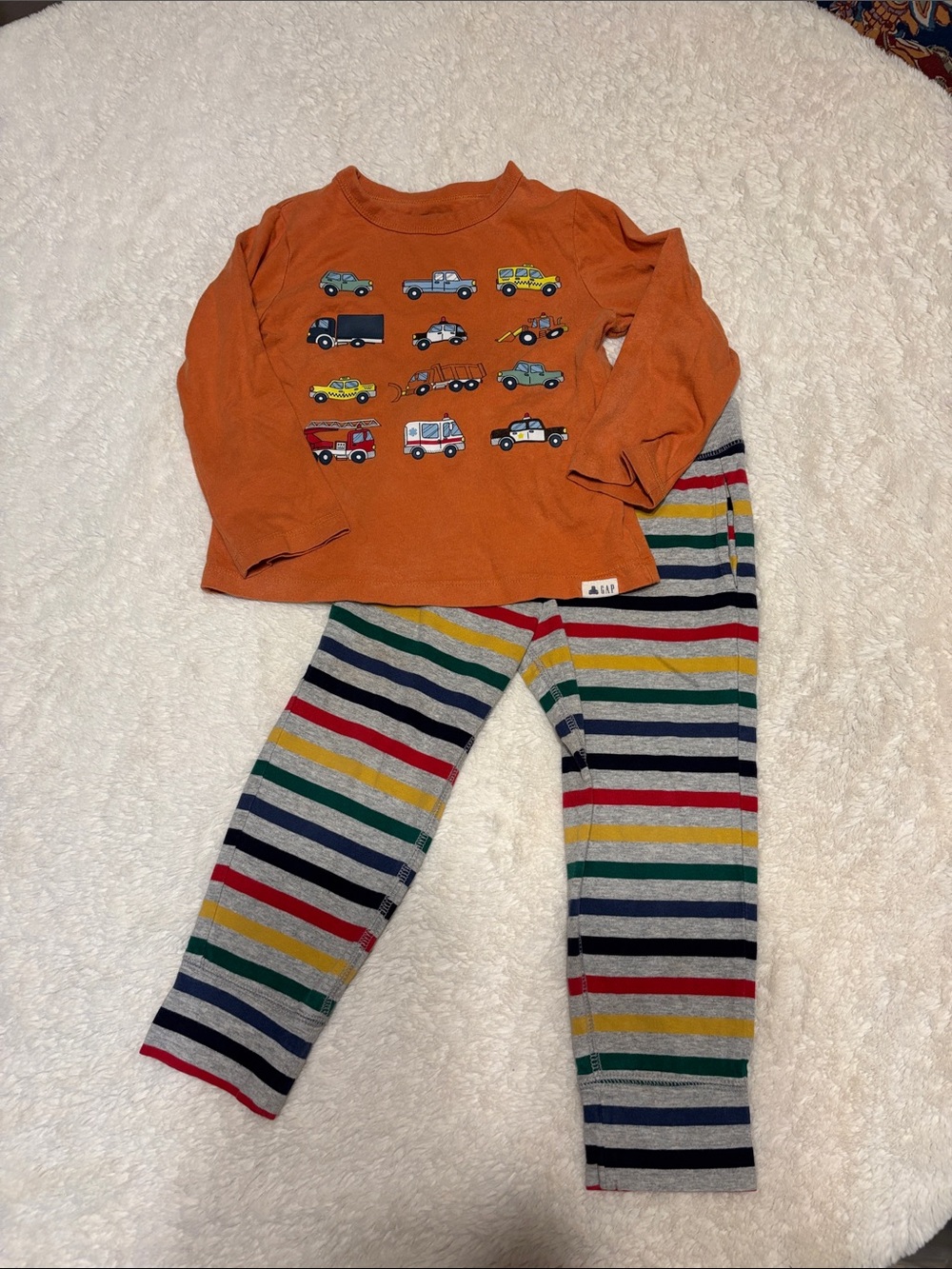 2pc GAP PLAY 3T Orange Long-Sleeve Top with Vehicle Print and Striped Pants Set
